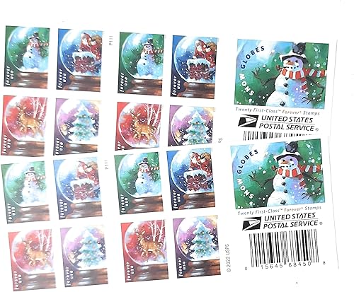 Globos de nieve USPS (2 folletos de 20) sellos postales para siempre (un muñeco de nieve, Papá Noel colocado en una chimenea, un ciervo majestuoso y