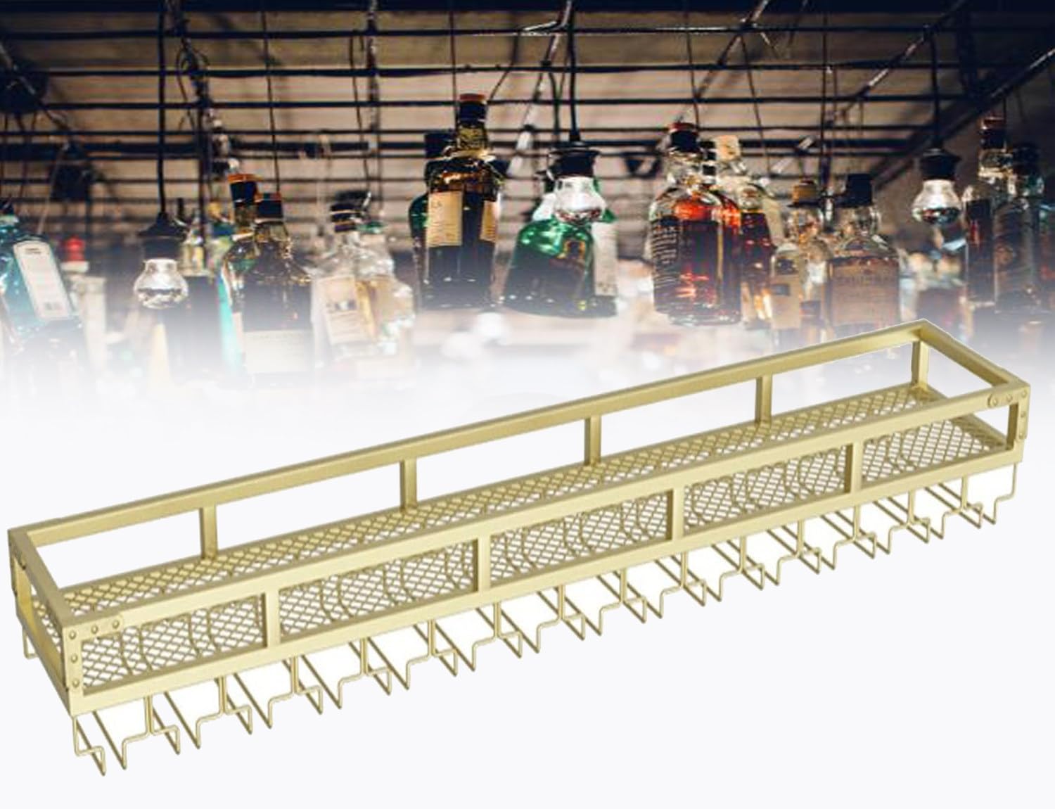 Étagères de bar flottantes LED 120cm avec casier à vin doré