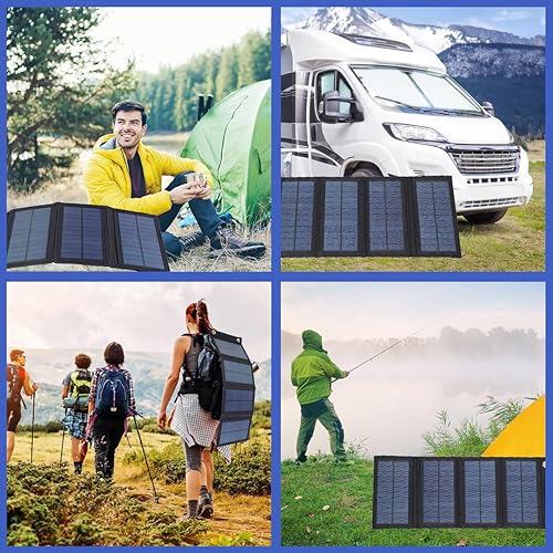 Vista 4 de Panel solar de 30 W, cargador plegable monocristalino premium IP65 impermeable USB cargador de energía solar con 2 ganchos y 1 adaptador, cargador