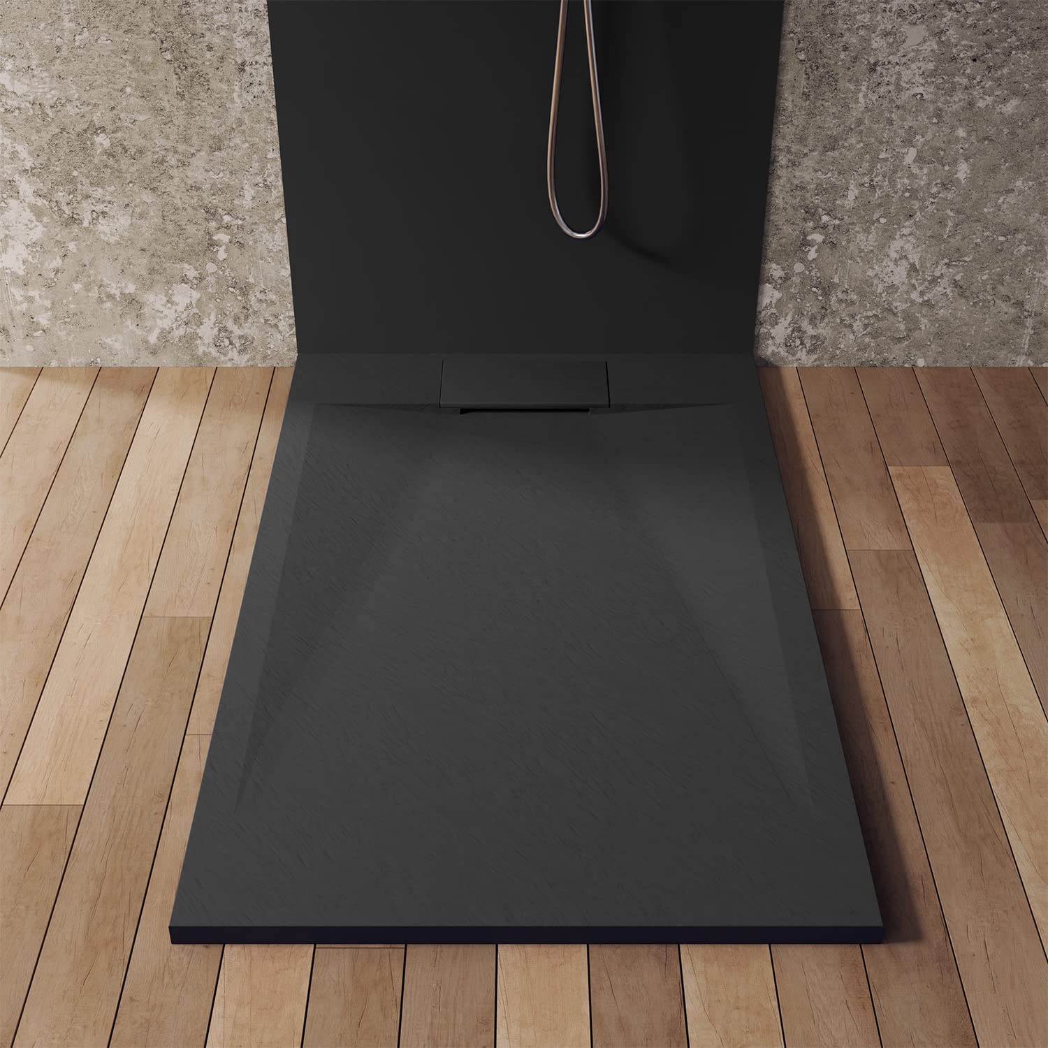 Piatto Doccia 70x90 Nero Effetto Pietra Mod. Cosmos Rettangolare in Vetroresina SMC Riducibile Piletta Inclusa e Cover In Tono Parama