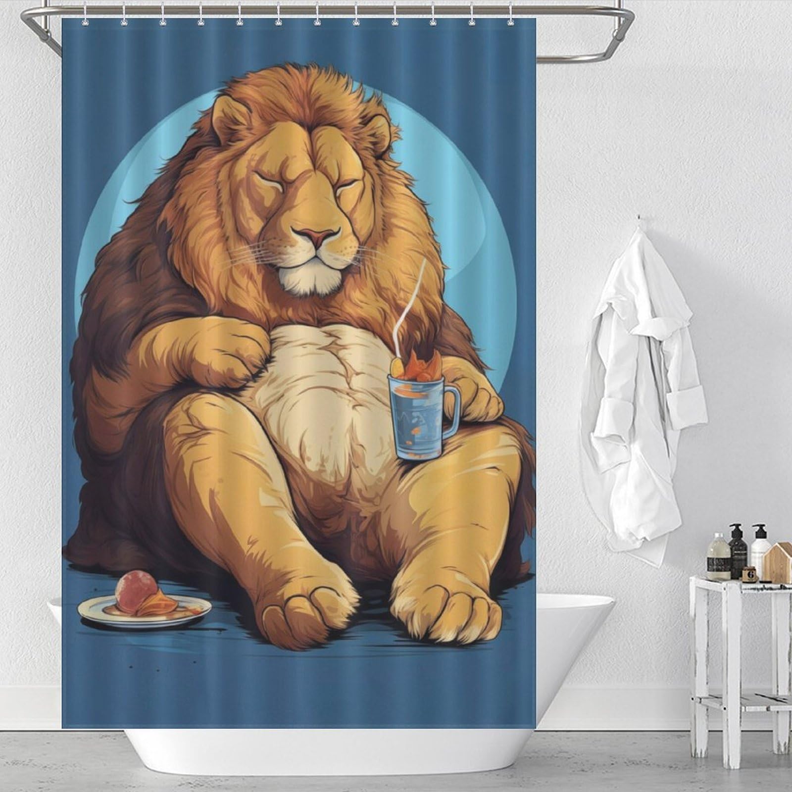 Rideau de douche Fat Lion 119x180 cm en tissu imperméable et lavable pour salle de bain
