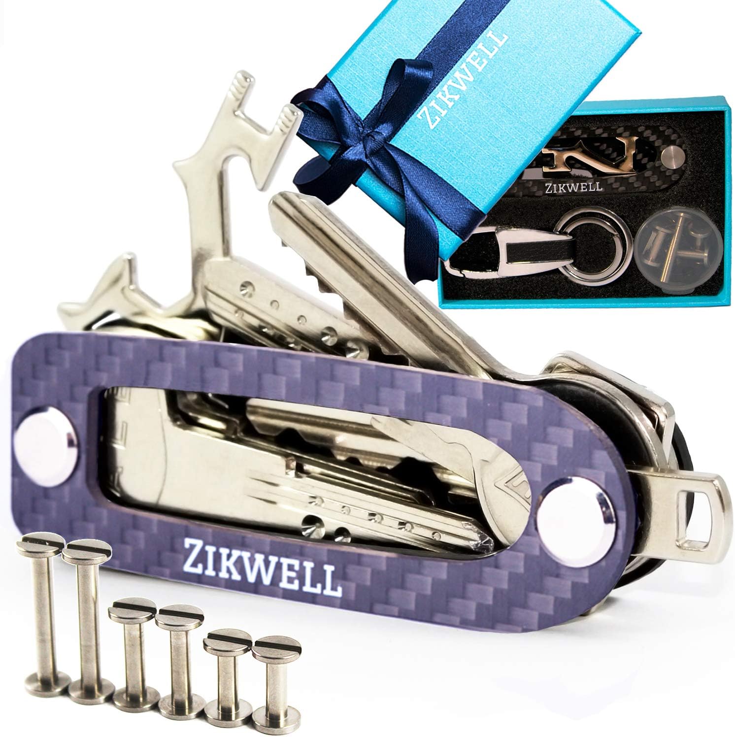 Carbon Fiber Compact Key Holder Keychain, Key Organizer Keychain, Compact Keychain with Stainless Steel Posts, B0NUS Multi-Use Tool, Smart Key Chain for Men or Women for Belt or Pocket (Up to 16 Keys)