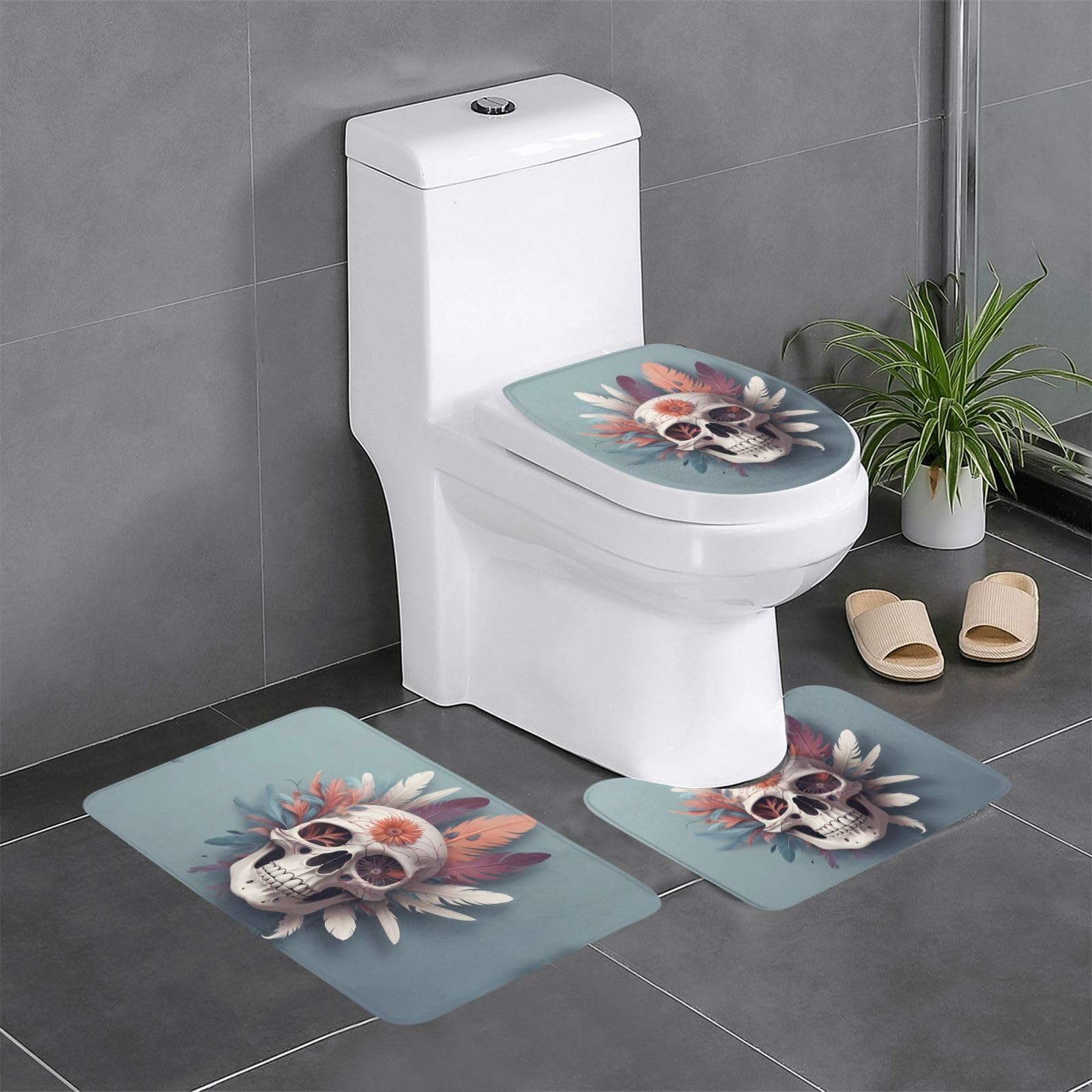 Tapis de salle de bain fleuris et squelette (lot de 3) pour WC et coiffeuse