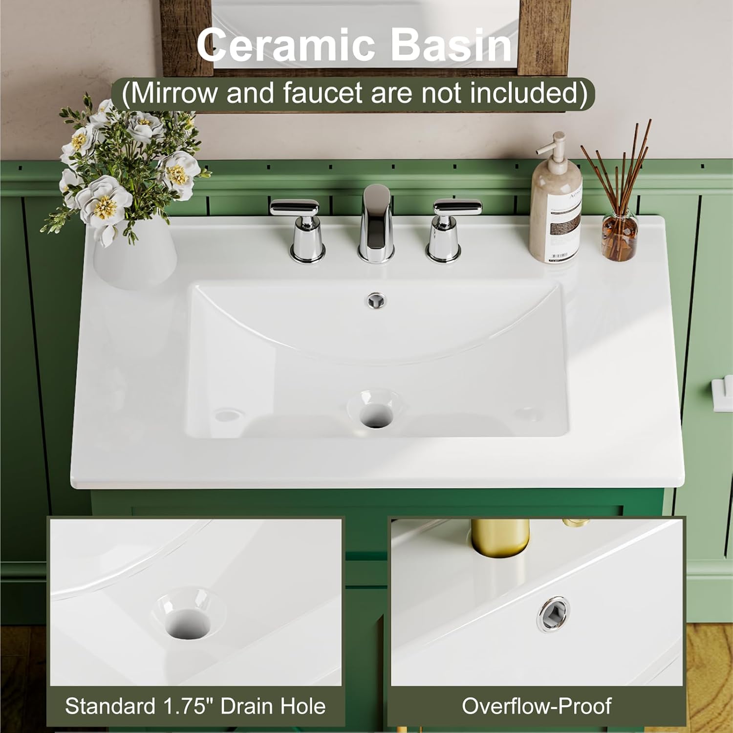 30" Bathroom Vanity with Sink, Solid Wood Frame Bathroom Cabinet Set, Featuring 2 Power Outlets, 2 USB Ports, a Switch Button, 2 Drawers, Soft-Close Doors with Organizers, Green