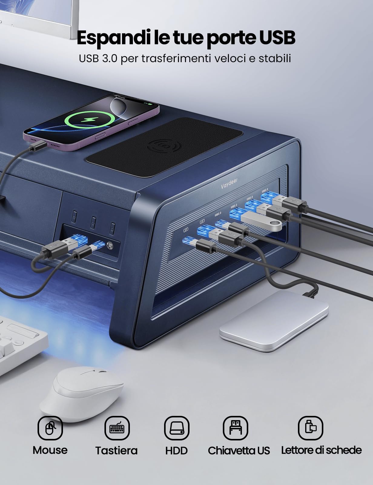 VAYDEER All-in-One Dual Monitor Stand Riser con 2 cassetti, 8USB Ports e Wireless Charging Pad con LED Light Strip per 2 monitor, Desk Organizer per PC, iMac (metallo, 39,3 pollici)