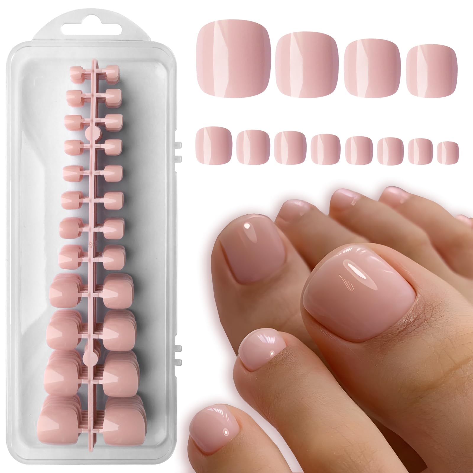 LoveOurHome 240pc Glossy Press on Toenails Full Cover Fake Toe Nails Short Square Colored False Toenails French Artificial Pedicure Acrylic Tips with Gel Glue Adhesive Tabs for Women Girls