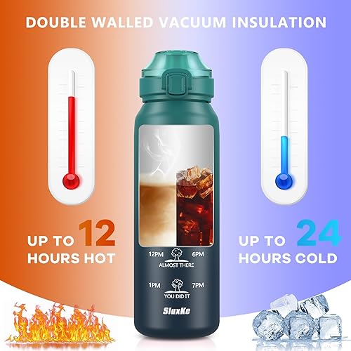 Miniatura 4 de Botella de agua deportiva de acero inoxidable 316 de 32 onzas con marcador de tiempo, botella de agua aislada de 33.8 fl oz de doble pared con asa,