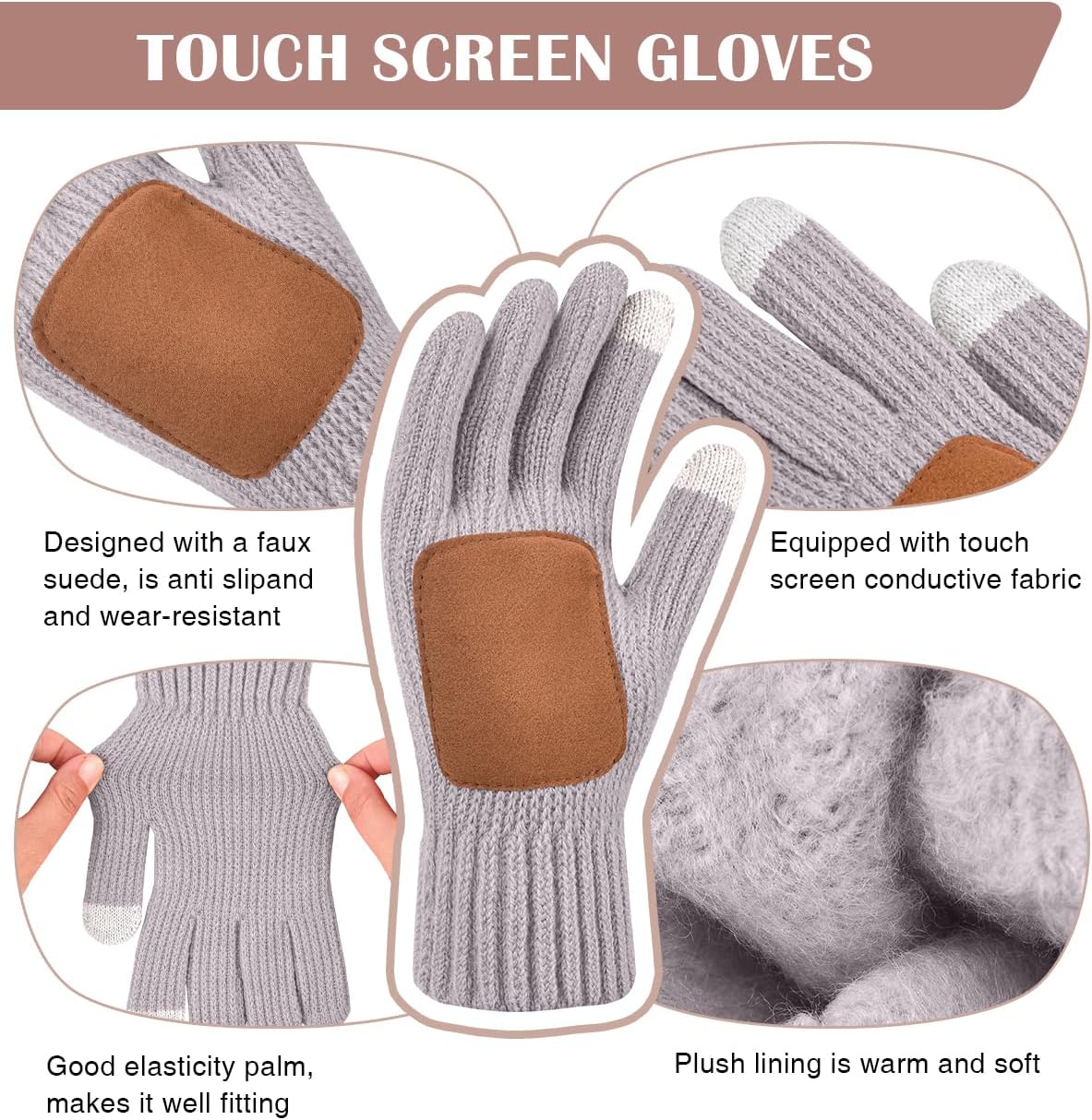 Womens Winter Beanie Hat Gloves Set,Fleece Lined Warm Knit Pom Pom Ski Hat Touchscreen Gloves Set Gifts for Cold Weather - Image 5