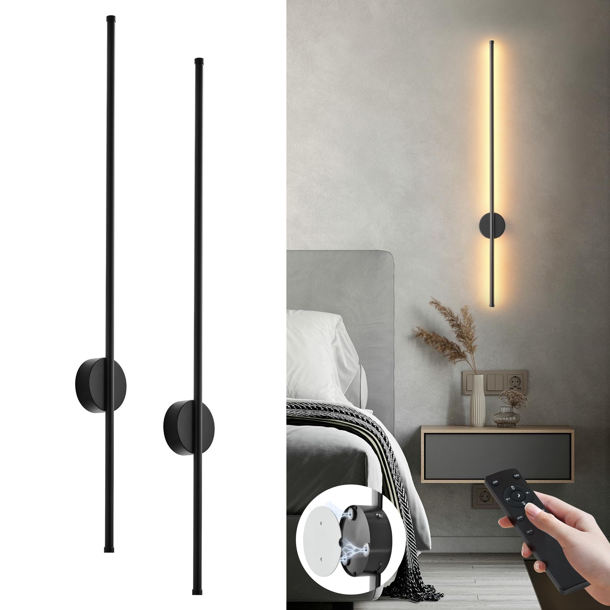 KARTOOSH Battery Operated Modern Wall Sconce Set of Two, 39.3 Inch Black