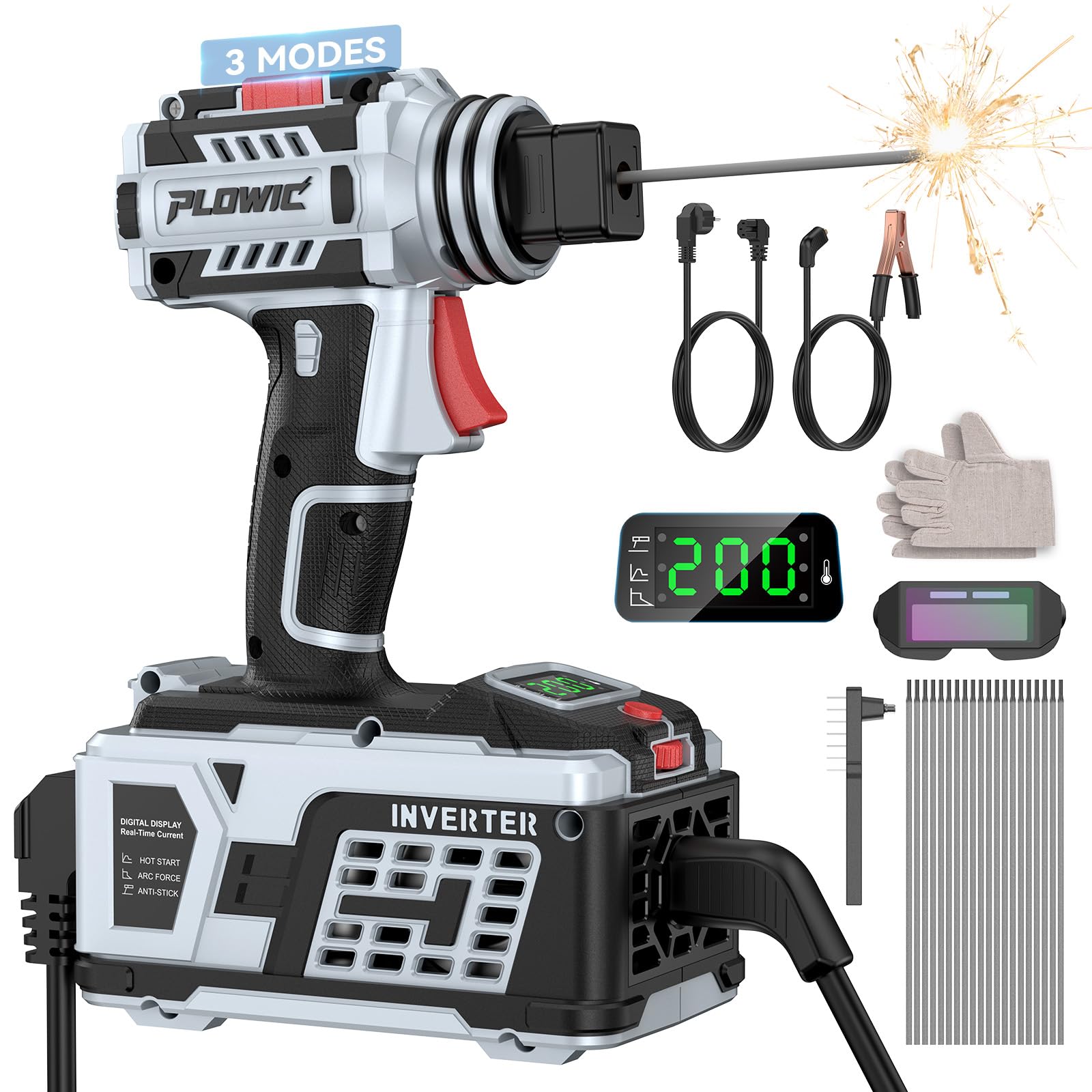 Photo 1 of PLOWIC Portable Welding Machine:?2026 Next-Gen?110V Handheld Welder with Balanced Design, LCD Display & 3 Modes (MMA/Hot Start/Arc Force), 200A IGBT Inverter ARC Welder Gun Fits 1/16"-1/8" Rods, Gray