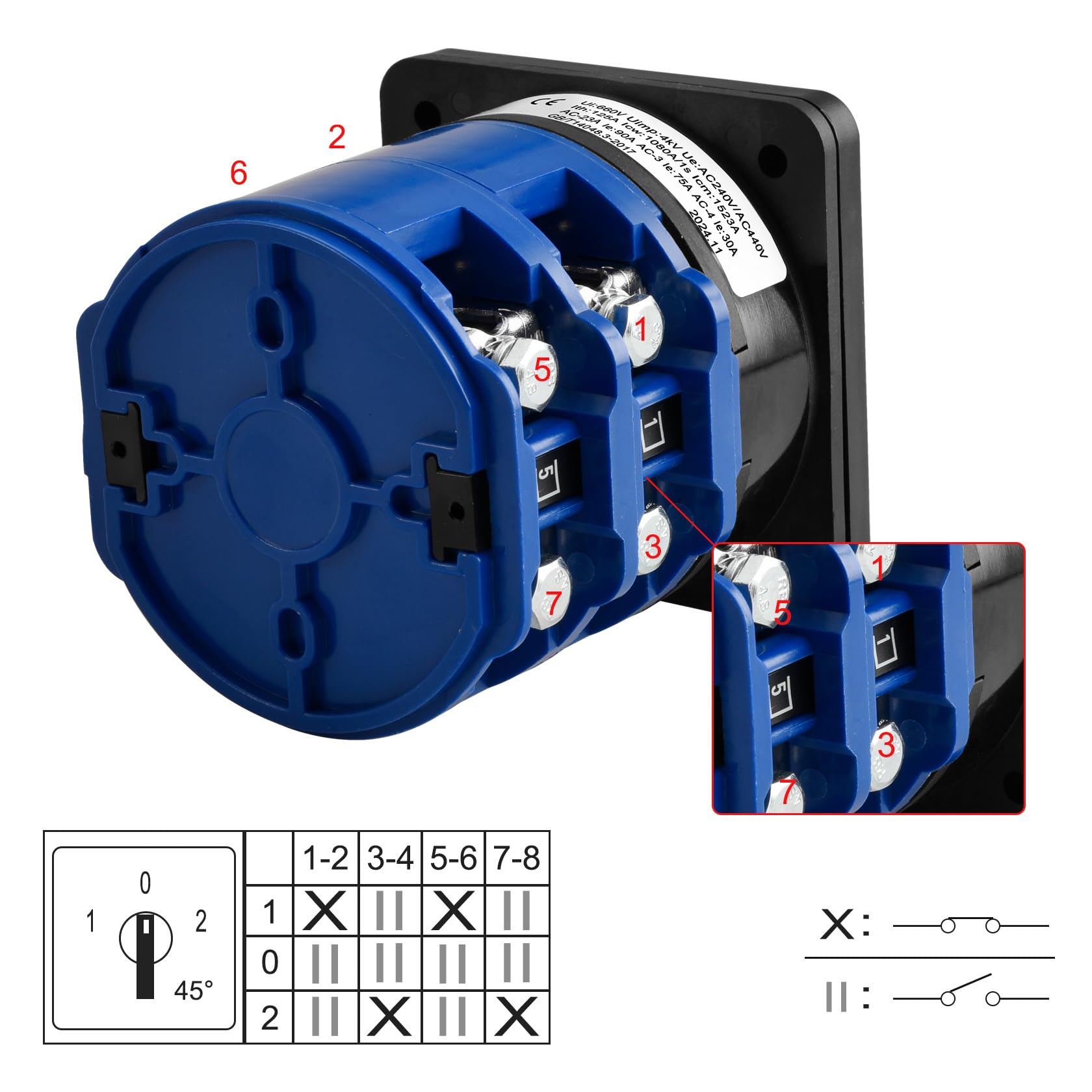 Heschen Commutatore rotativo a camma, LW28-125/D202.2, 125A 660VAC, 2 fasi, ON/OFF/ON 3 posizioni, 8 terminali