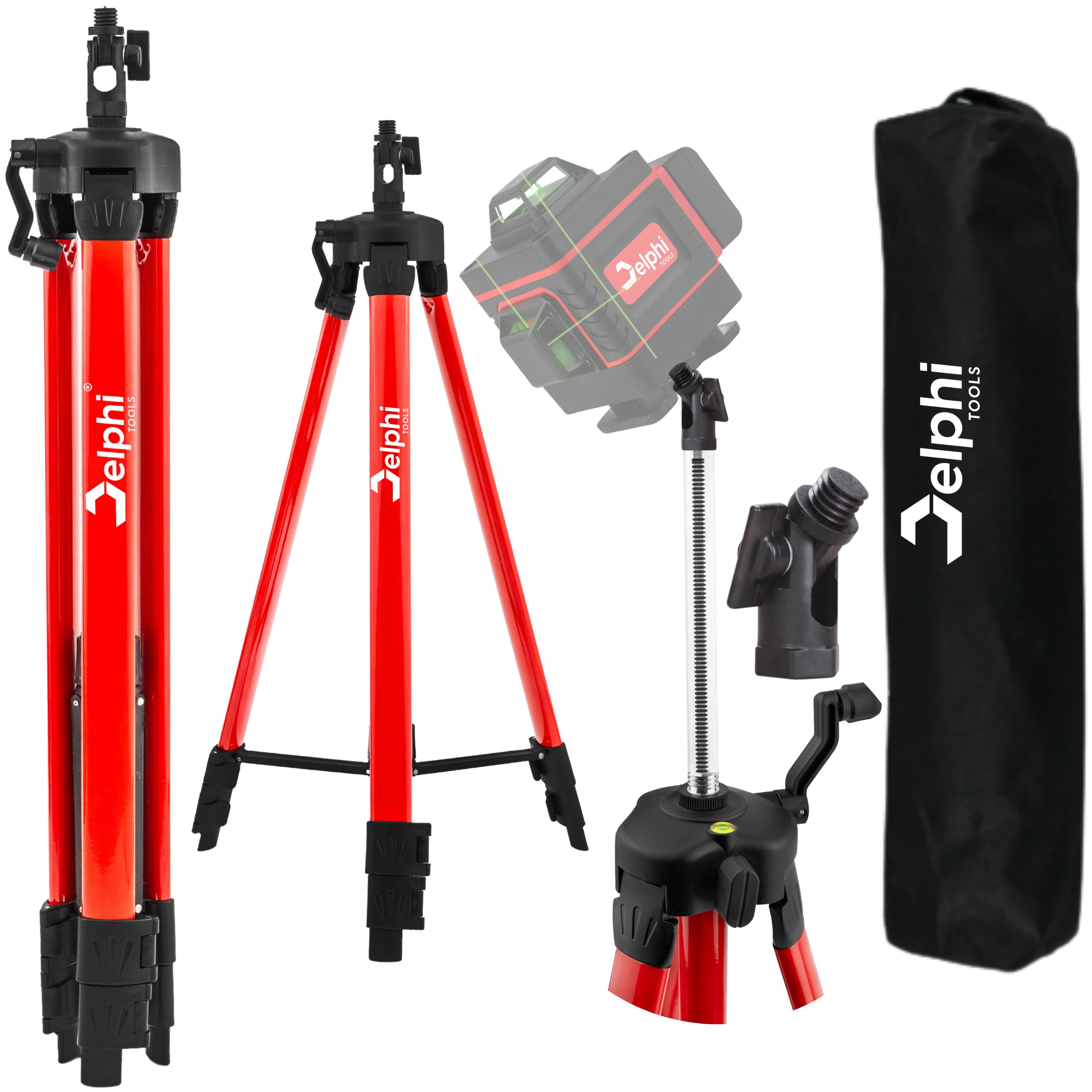 Delphi Tripod for Cross Line Laser, Height Adjustable up to 150 cm, 5/8 Inch Thread, Aluminium Tripod with Integrated Level and Carry Bag, Robust and Stable with Tilt Adapter