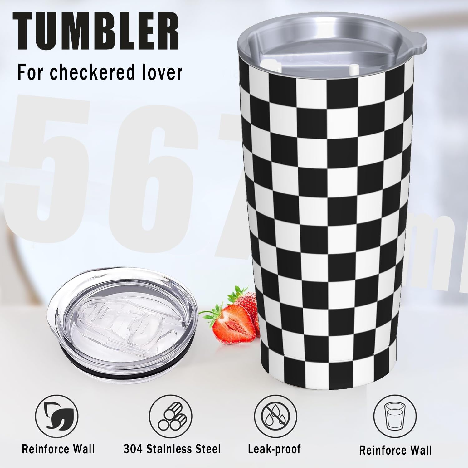 Checkered Tumbler 20 OZ with Lid and Straw, Insulated Tumbler Cup Mug, Checkered Gifts for Men Women - Image 2