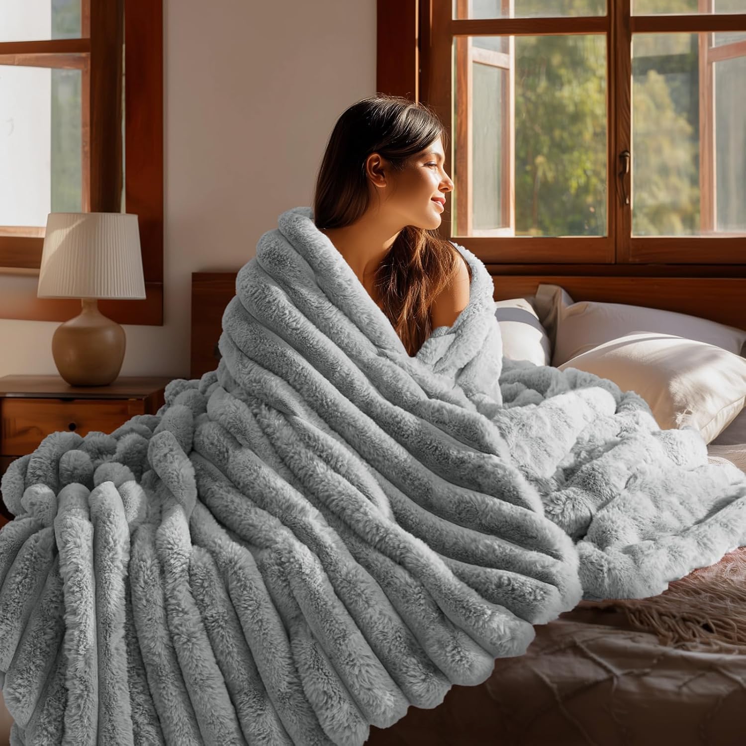 BEDELITE Faux Fur Throw Blanket for Couch, Soft and Cozy Luxurious 3D Striped Fluffy Blanket, 770GSM Thick Warm Plush Fuzzy Faux Rabbit Fur Blanket for Women Gift (Crey, 50"x 60") - Image 3