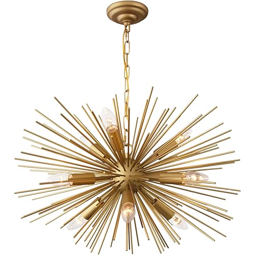 GOMUNIN Astra Sputnik Satellite Pendant Light 9-Light Gold Sputnik Chandelier Mid Century Starburst Chandelier for Living Room Bedroom Dining Room, 23in Wide, Solid Metal 12LB