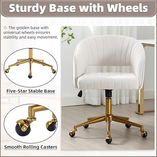Miniatura 7 de ABET Desk Chair with Wheels, Velvet Home Office Chair, Swivel Armchair Gold Base, Upholstered Modern Accent Chairs, Back Incline Adjustable for