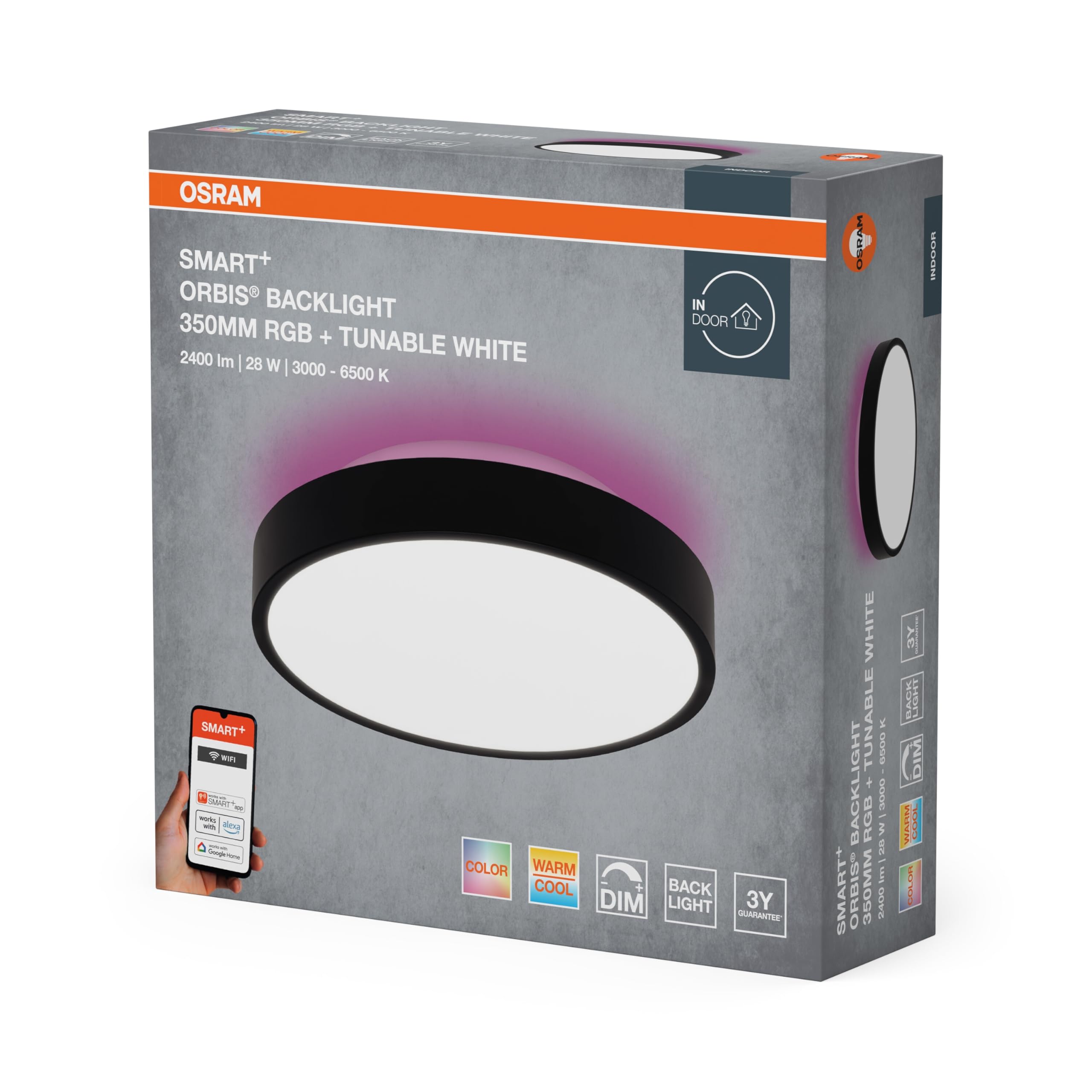 OSRAM SMART+ WiFi Orbis Backlight LED kinkiet 350mm, 28W, 1400lm, TW 3000-6500K, RGB, Alexa, Czarny