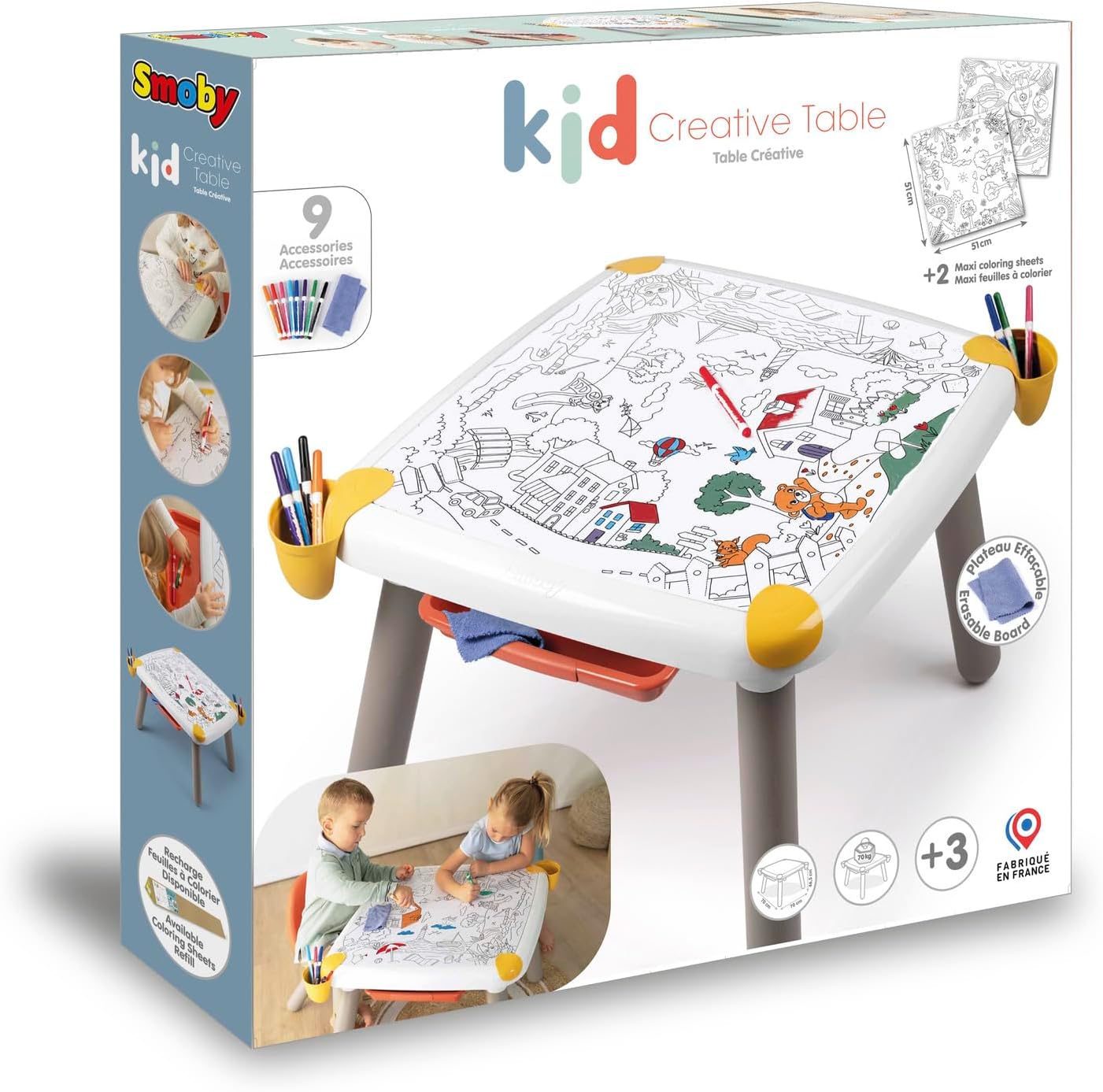 Smoby - Kid Table Creative - Erasable Drawing Table - Artistic Activity - Educational Game - Drawing, Coloring, Painting - 2 Colouring Pages Included - For Ages 3+ - Made in France