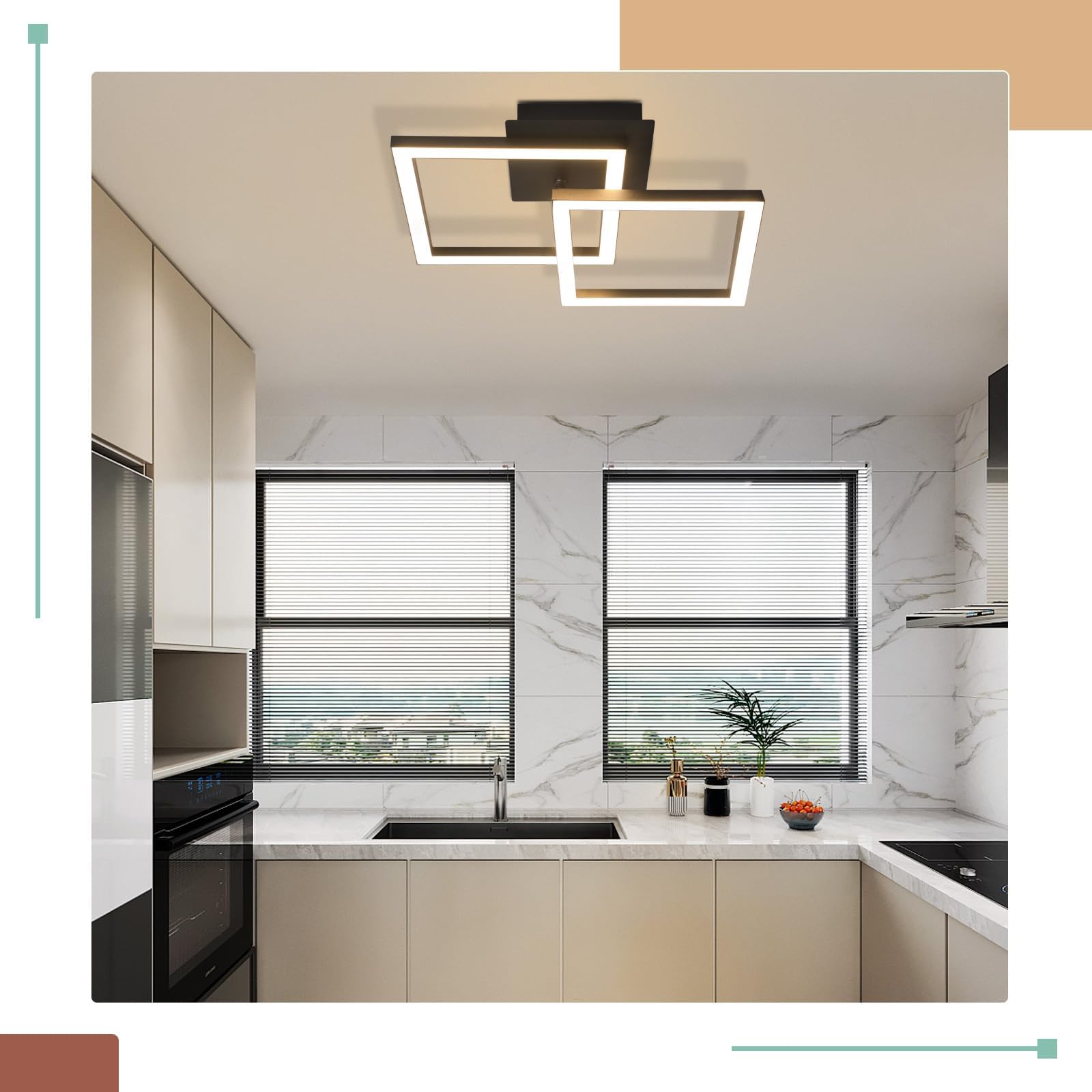 Homefire lampara de techo LED para cocina 24W negra 2ER | lamparas techo salon diseño moderno plafon led techo cocina 3000K lampara techo dormitorio angular para pasillo habitacion