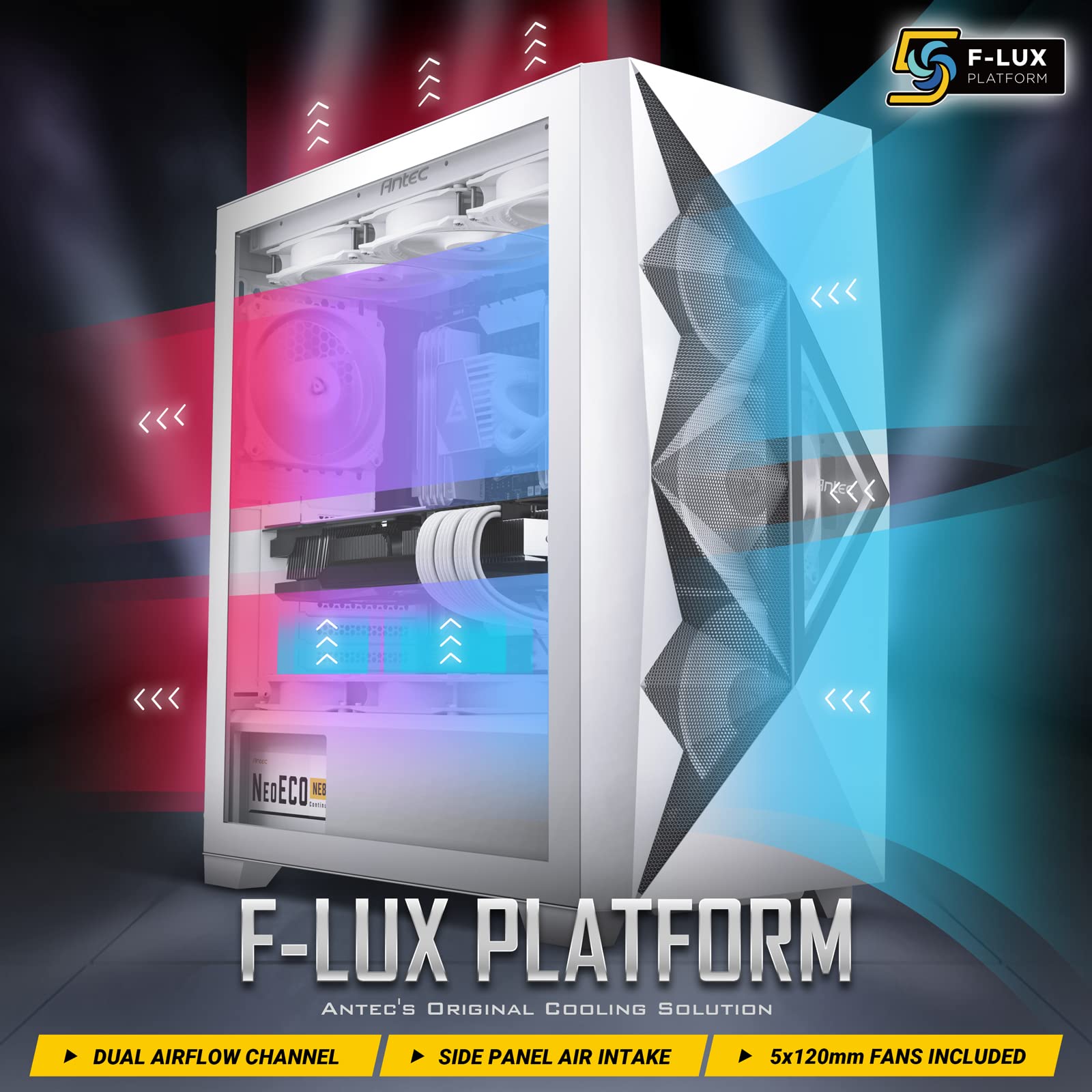 ANTEC DF800 Flux Gaming Case con Finestra in Vetro, ATX, 5 x ventole (3 Anteriori ARGB), Rete Geometrica e Specchio Frontale, Pulsante di Controllo LED, Bianco