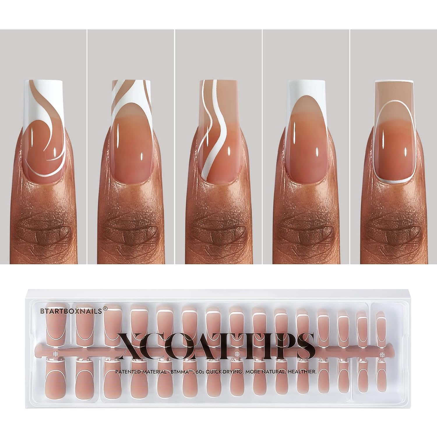 BTArtbox XCOATTIPS French Tip Nails 5 Styles Long Square Press on Nails, Pre