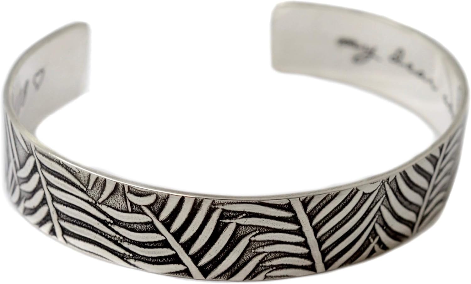 Engraved Fern Pattern Personalized .925 Sterling Silver Cuff Bracelet, Present for Her 0.5 Inch Wide