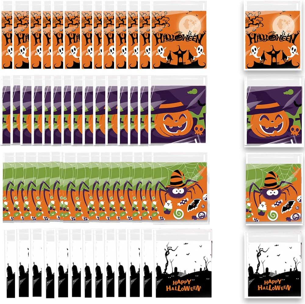 300 Pcs Halloween Cellophane Treat Bags Self Adhesive Bags for Cookie Candy Packing