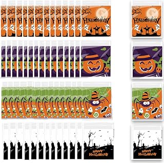 300 Pcs Halloween Cellophane Treat Bags Self Adhesive Bags for Cookie Candy Packing Halloween Candy Bags Clear Cookie Bags for Halloween Party Favors Gifts (4 Styles)