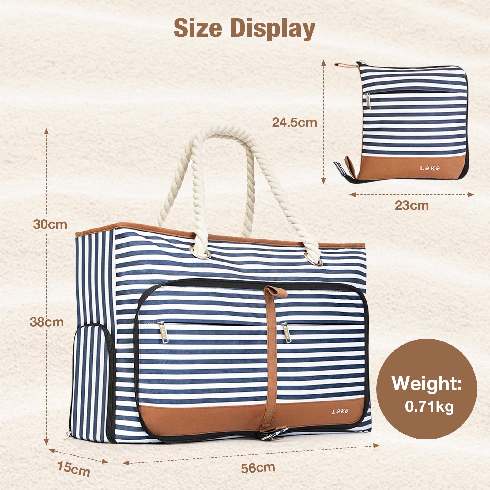 Lekespring Borsa Spiaggia Donna Pieghevole, Borsa Mare Grande XXL Famiglia con Scomparto Scarpe Separato, Impermeabile Shopping Borsa Tote Bag con Cerniera per Spiaggia Viaggio Sportiva, Strisce