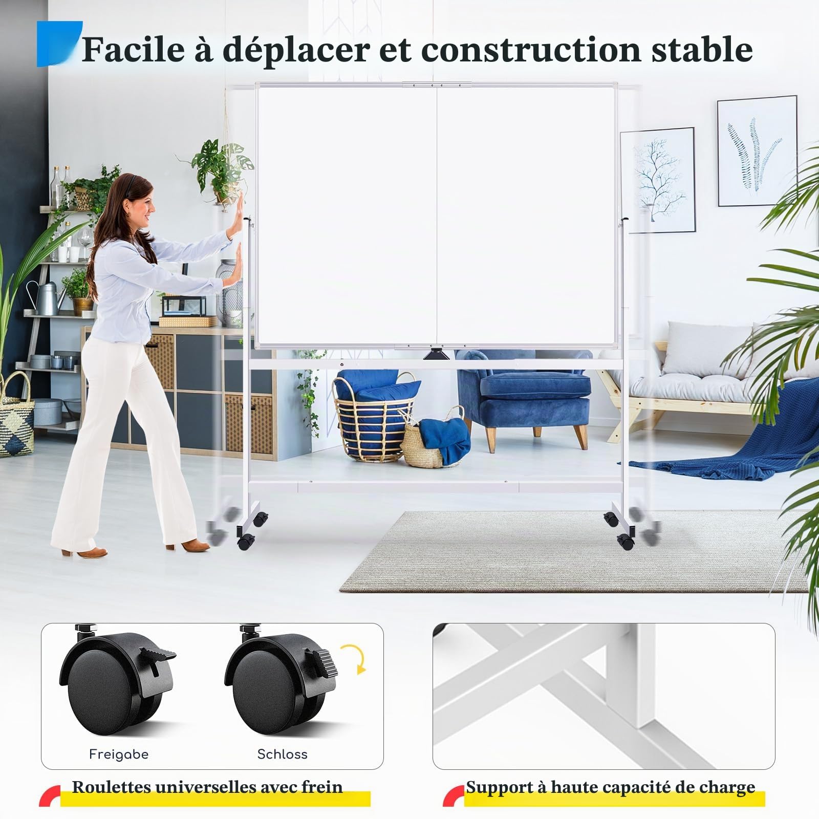 maxtek Tableau Blanc Mobile 150 x 120 cm, Grand Tableau Blanc Magnétique avec Supports, Double Face Effaçable à Sec, Cadre en Aluminium pour l'école à Domicile, le Bureau à Domicile, le Bureau