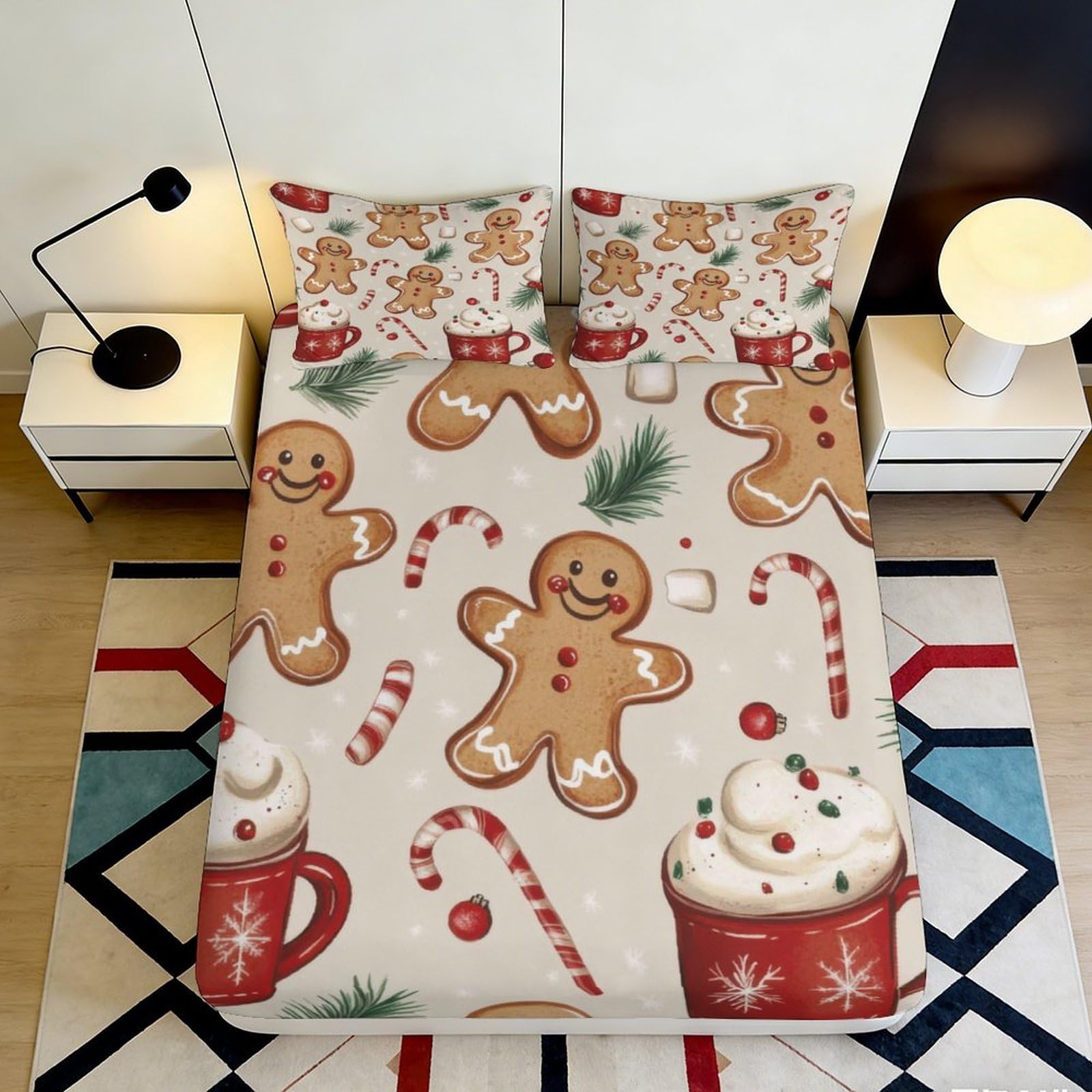 3D Printed Gingerbread Candy Cane Fitted Sheet Microfiber Soft Anti-Slip Mattress Cover for Bedroom Dorm Home Decor 90x200x25cm