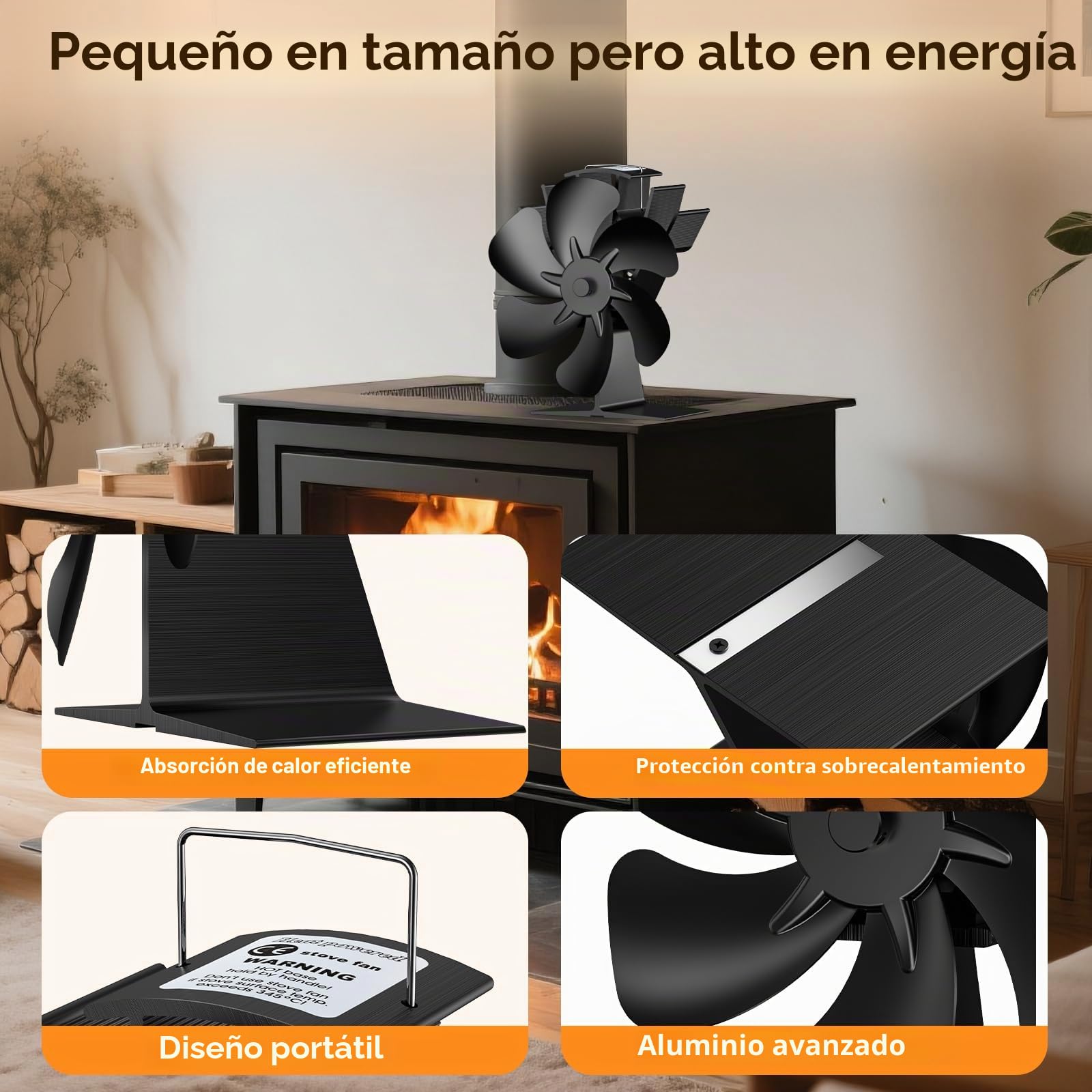 Ventilador Poele de Madera, Ventilador con Calor con 4 aspas Silenciador para Chimenea Tubo/Estufa de Gas/Registro/Pellet