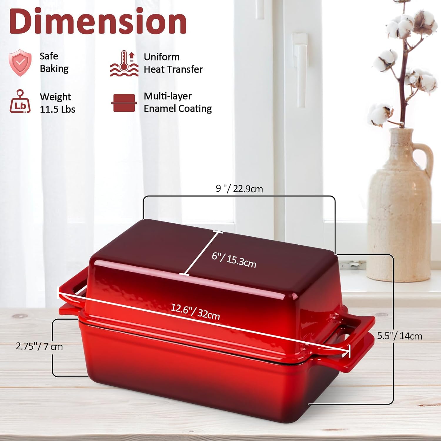 Leonyo 2 Pack Cast Iron Loaf Pan with Lid, 9x5 inch Enameled Sourdough Bread Loaf Pan, 2-in-1 Dutch Oven for Homemade Bread Baking, Pound Cake, Oven Safe & Up to 500℉, Red