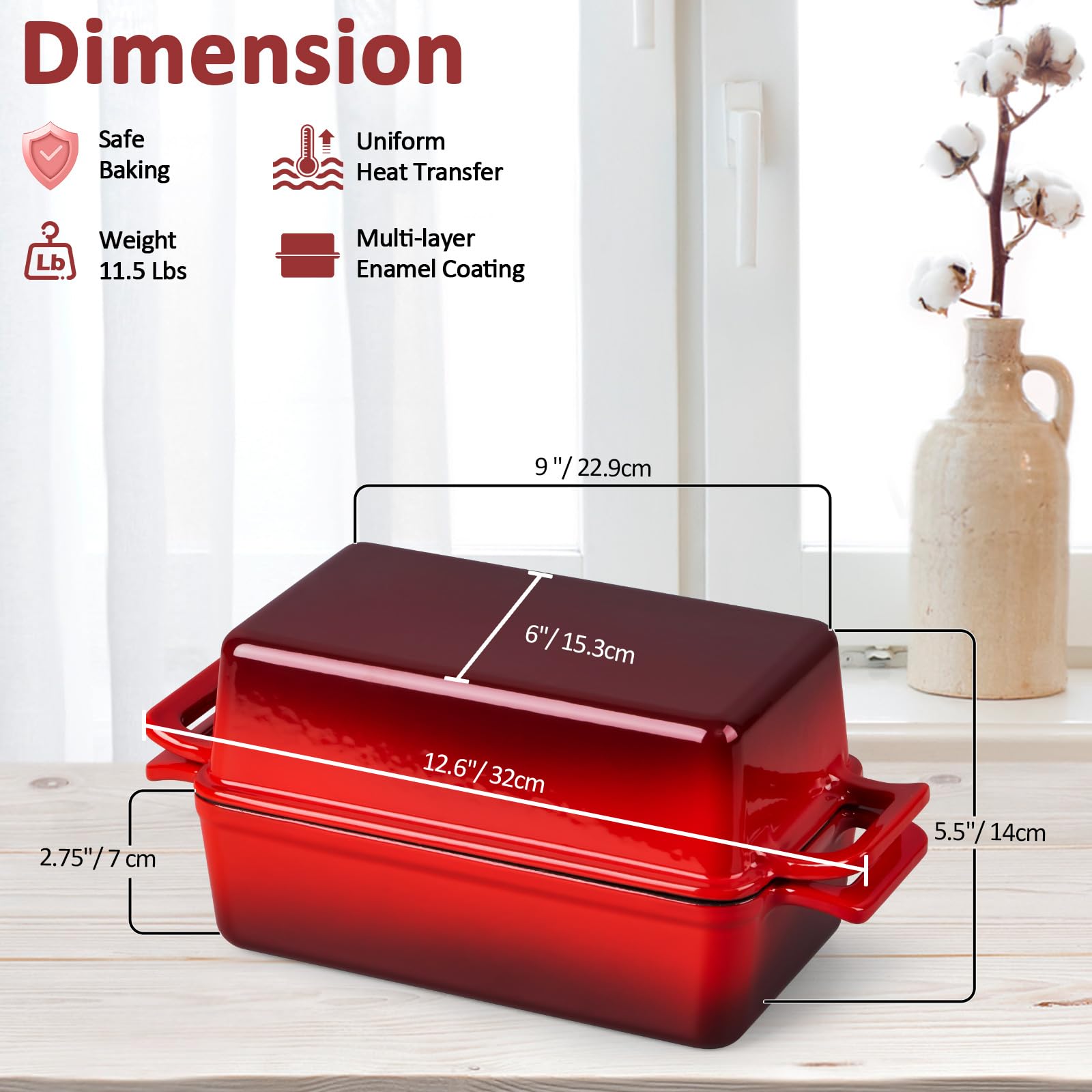 Leonyo Gusseisen-Brotpfannen-Set, 22,9 x 12,7 cm, Emaille, Rot | 2-in-1 Dutch Oven für selbstgemachtes Brotbacken, ofenfest & bis 260 °C erhitzen