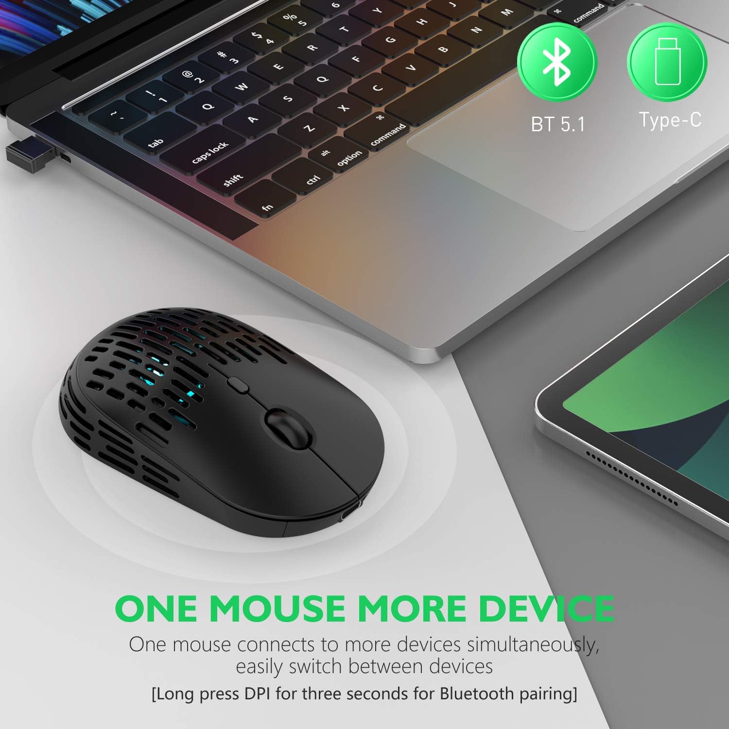 RAPIQUE R-03 mouse connected to a laptop and tablet via Bluetooth and USB-C receiver