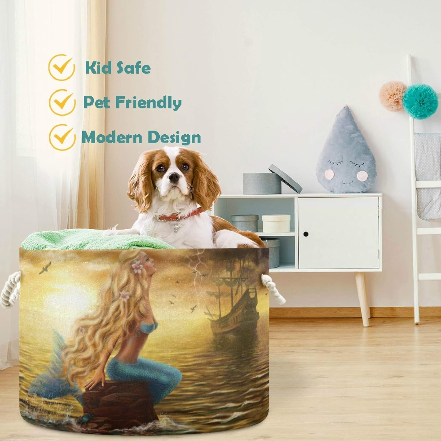 visesunny Pretty Mermaid with Golden Hair Laundry Baskets Fabric Storage Bin Storage Box Collapsible Storage Basket Toy Clothes Shelves Basket for Bathroom,Bedroom,Nursery,Closet,Office
