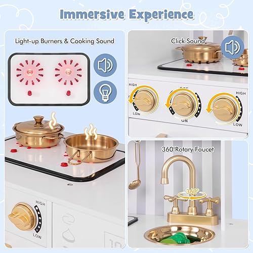 Miniatura 4 de HONEY JOY Juego de Cocina para Niños, Conjunto de Cocina de Juego de Madera del Pequeño Chef con Pizarra y Dispensador de Agua, Estufa Iluminada