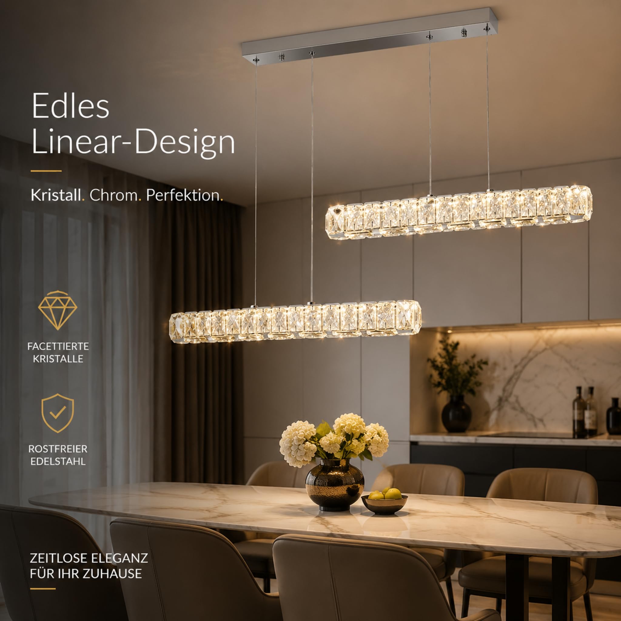 Doppel Linear Kristall LED Pendelleuchte 80cm Esstisch Höhenverstellbar | 3 Lichtfarben Hängeleuchte Kücheninsel Schlafzimmer Wohnzimmer Küche