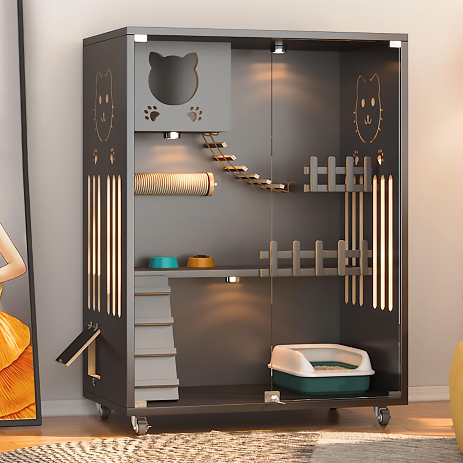 Cat Villa, Home Solid Wood Cat Cabinet, Luxury Cat House with Wheels, Extra Large Space Cat Nest, Large Cat House Cat Cage