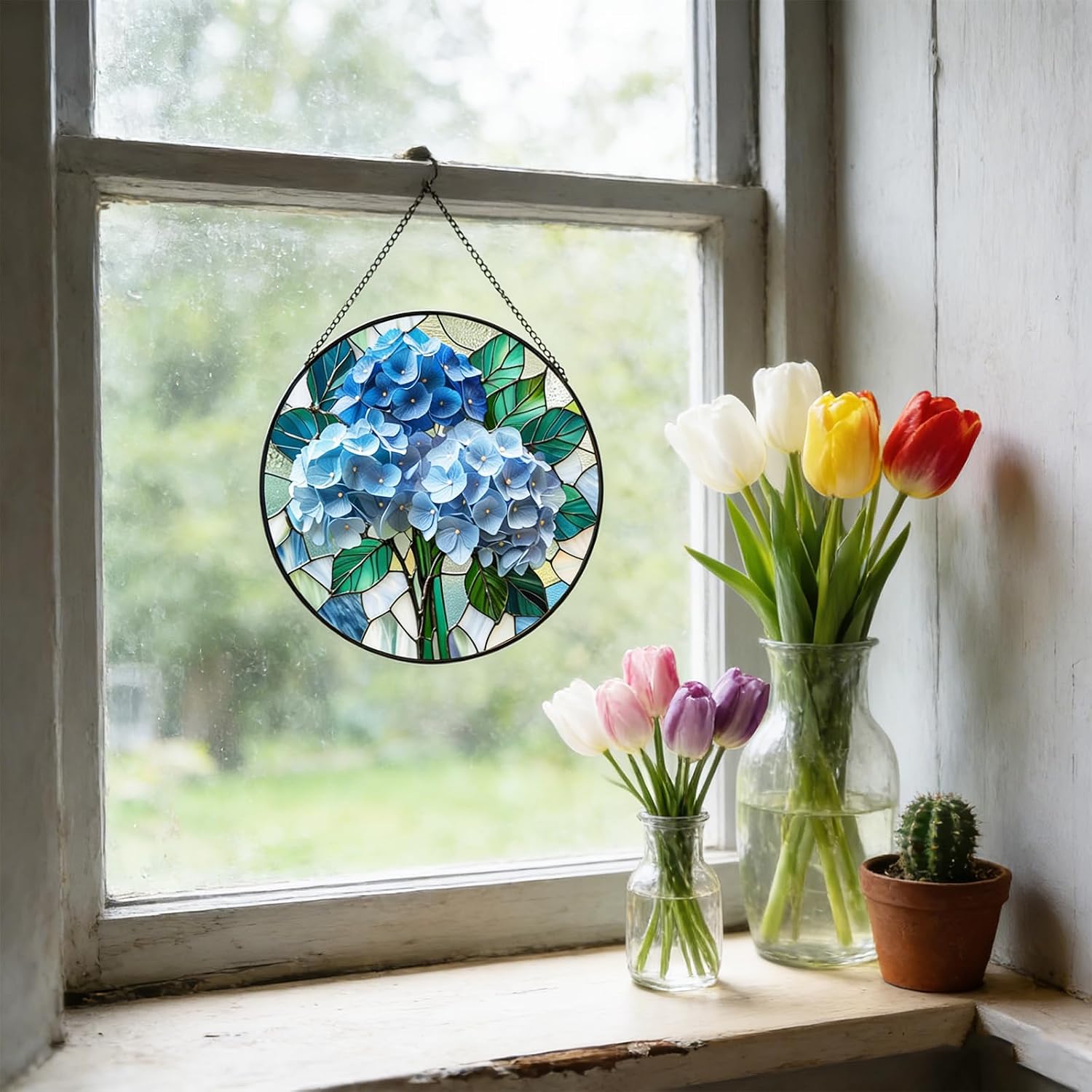 7.87" Blue Hydrangea Flower Suncatcher Stained Glass Window Hanging Room Decor,Sun Catchers Indoor Window Glass Round Panel Wall Decor, Floral Wall Art Hanging Decorations Statues