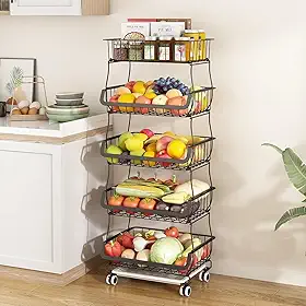 Fruteira De Chão Cozinha 5 Andar 5 Níveis Metal Preto, Carrinho Organizador de Cozinha de 5 Níveis com Rodas de Bloqueio, Ideal para Cebolas, Batatas, Carrinhos Organizadores