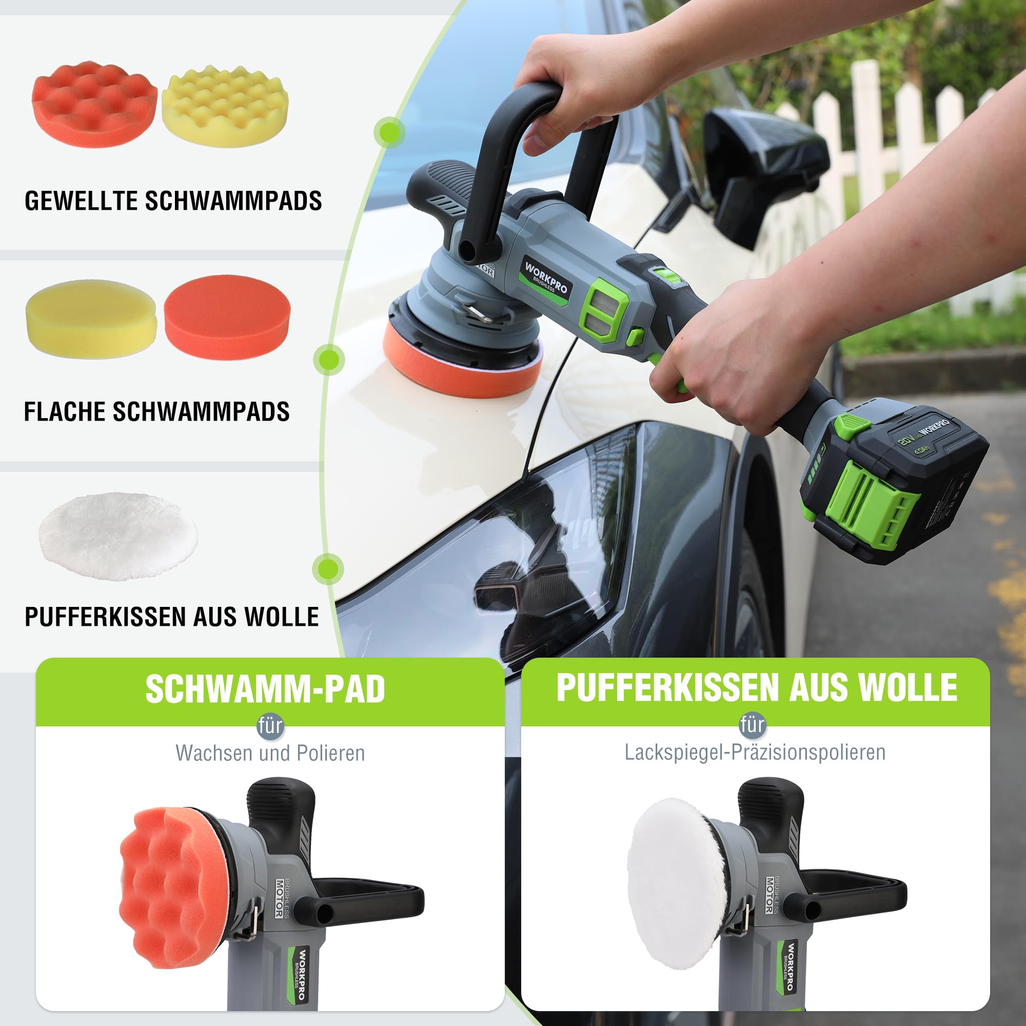 WORKPRO 20V Akku Poliermaschine, Auto Poliermaschine Polierer Kabellos mit 7 Geschwindigkeiten (2000-5000 RPM), 1 x 4,0Ah Batterie, Doppelter Wirkung, Mit Aufbewahrungstasche, Für Auto, Böden, Fliesen