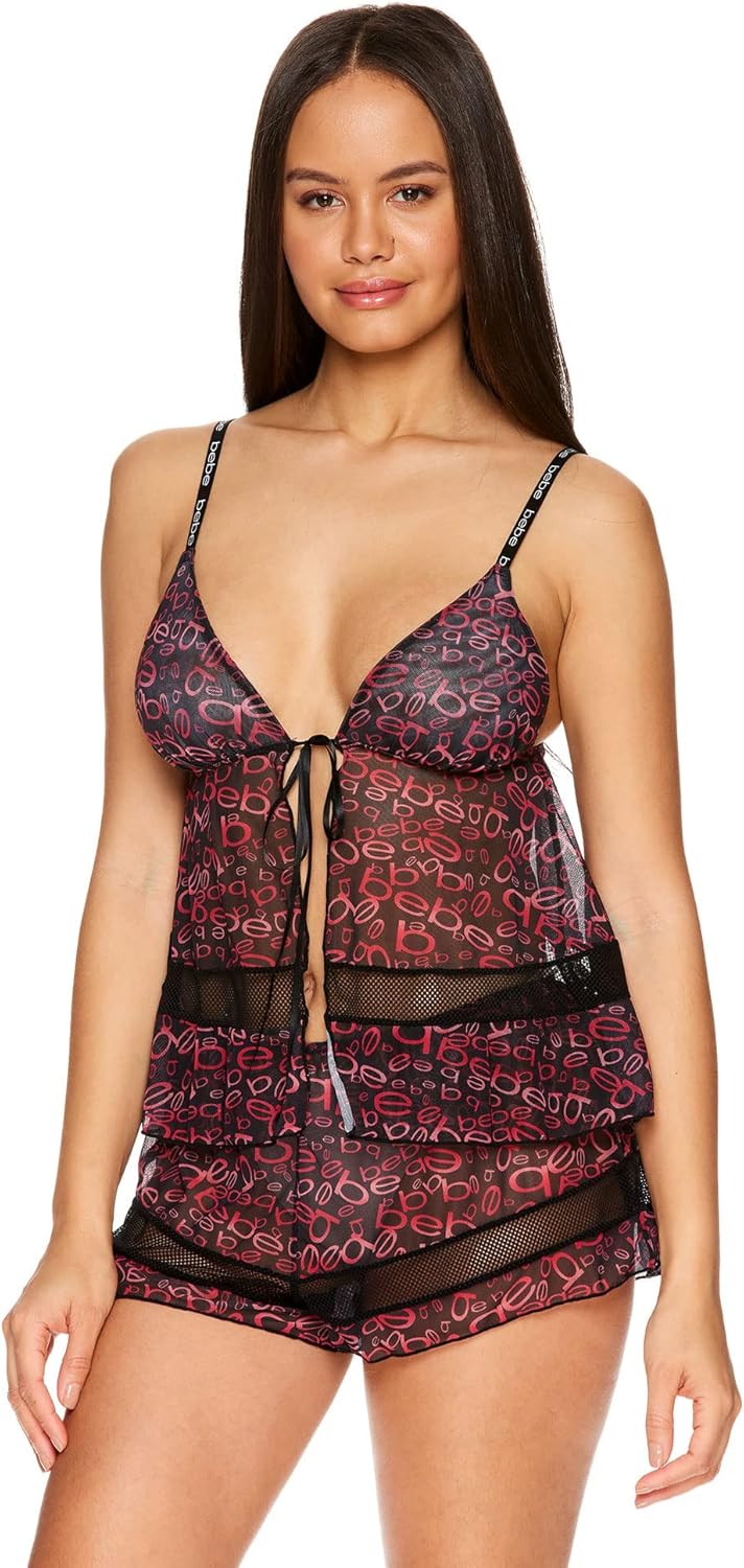 bebe Womens Mesh Cami and Short Lingerie Sleepwear - Lingerie for Women 2 Piece Set