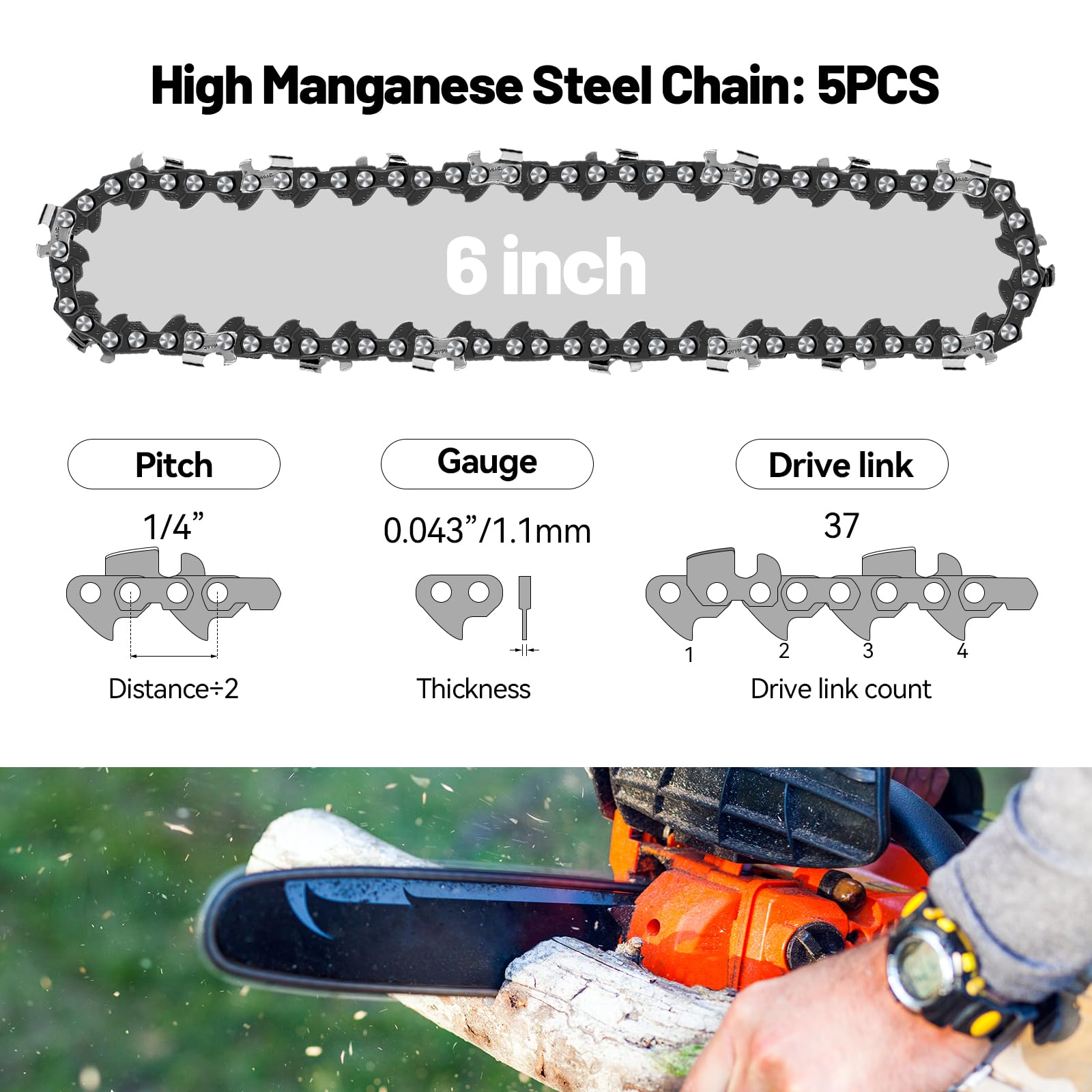5 Catene Per Motosega Da 6 Pollici - 37 Maglie, In Lega Di Titanio, Per Carpentería E Giardinaggio - Foto 10