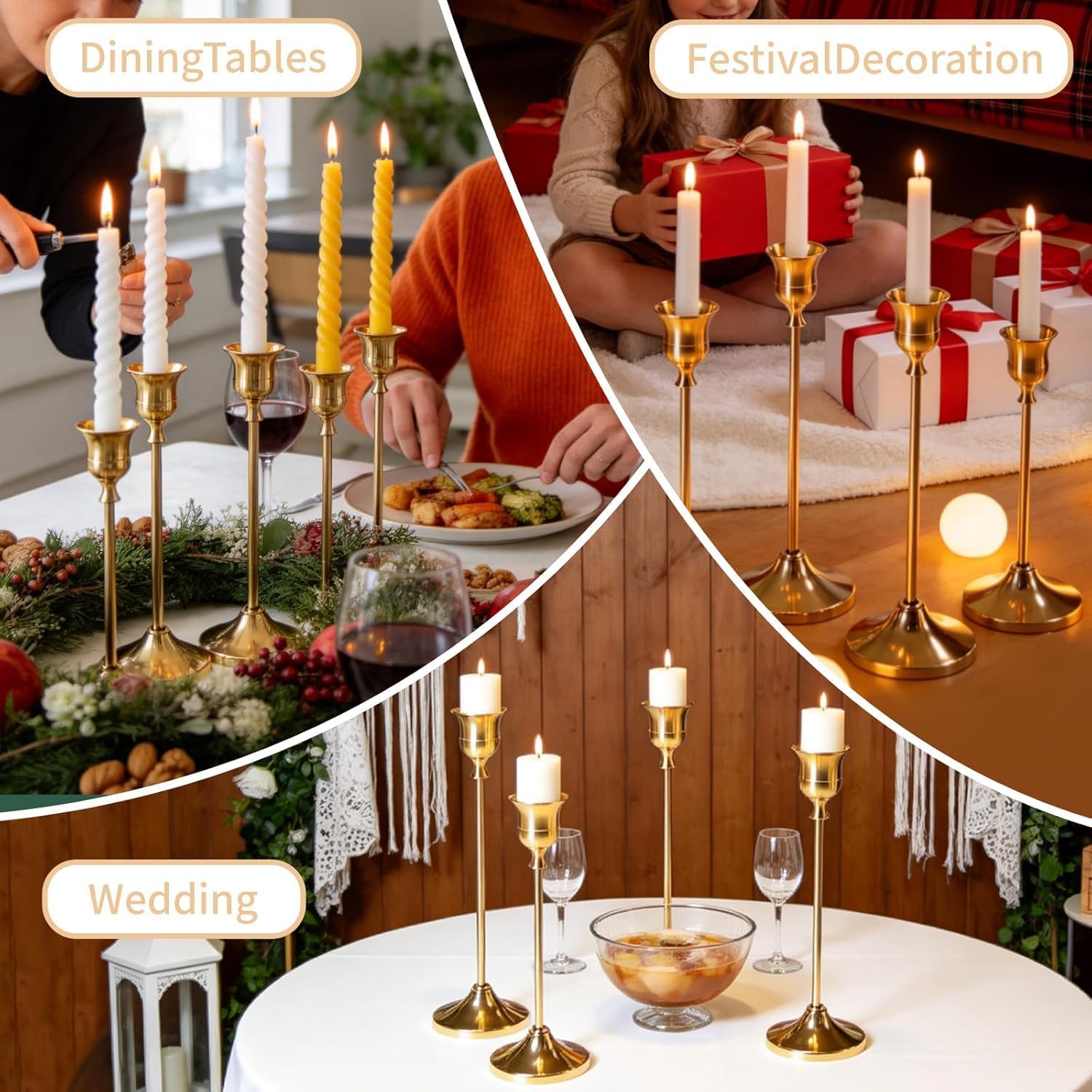 9 Pcs Gold Taper Candle Holders, 3 Heights Aluminum Candlestick Set