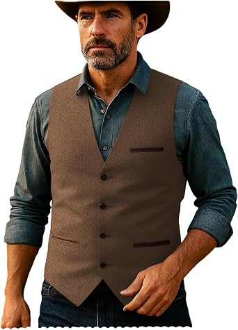 Tuikayoo Mens Tweed Vest Herringbone Wool Retro Suit Waistcoats Vintage Retro Slim Fit