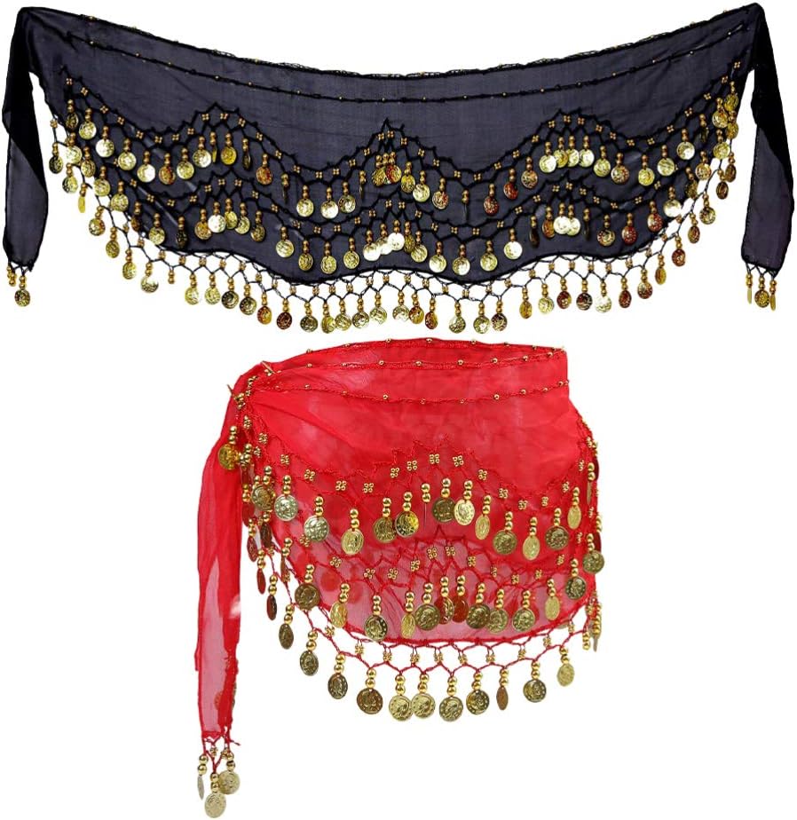 Belly Dance Hip Scarf Skirts Wrap with 128 Gold Bling Sequins Coins, Black+Red, 2 Pieces Women