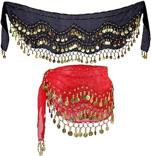 جيبات وشاح الرقص للنساء، ملفوفة ب128 عملة وترتر ذهبي بلينج بعملات تطريز بلينج ذهبية لدروس الرقص الشرقي واليوجا والزومبا باكسسورارات لون احمر واسود من قطعتين من ستوبوك