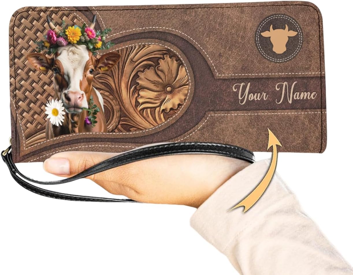Personalized Cow Cattle Beach Women Leather Wallet, Vintage Custom Name Highland Cattle Angus Farm RFID Blocking Zip Pocket Multi Card Travel Clutch Wristlet, Gifts for Cow Lover (Cow)