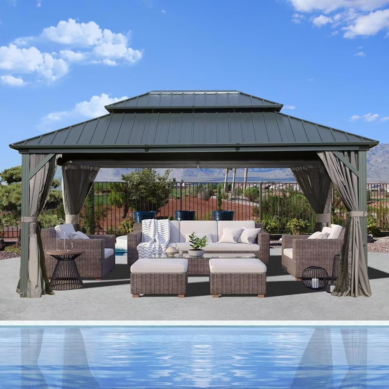 Domi 12 X 14 Hardtop Gazebo Canopy with Netting & Curtains, Outdoor Metal Gazebo with Galvanized Steel Double Roof for Patio Lawn and Garden, Gray